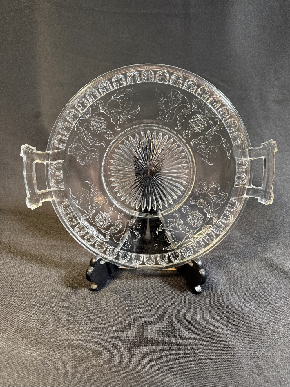 Antique EAPG Handled Platter, McKee Scroll Flowers Glass Tray (1881)